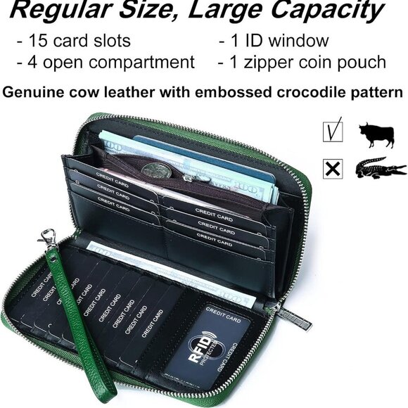 Women's Genuine Leather Wallet RFID Block Large Capacity Clutch Wristlet - Picture 2 of 6